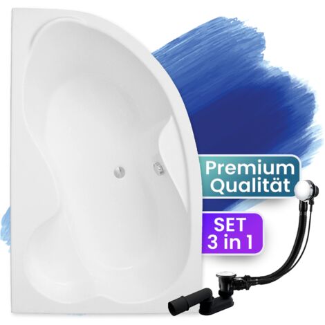 Badewanne Eckbadewanne 160x105 Links, Ablaufgarnitur & Füßen GRATIS - Komplettset 3in1 Original Acryl Wanne Premium Siphon - Made in EU - BADLAND MEGA