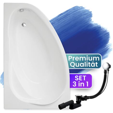 Badewanne Eckbadewanne 160x100 Links, Ablaufgarnitur & Füßen GRATIS - Komplettset 3in1 Original Acryl Wanne Premium Siphon - BADLAND MAREA