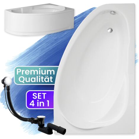 Badewanne Eckbadewanne 150x100 Rechts mit AcrylSchürze, Ablaufgarnitur & Füßen GRATIS - Komplettset 4in1 Original Acryl Wanne Siphon - BADLAND MAREA
