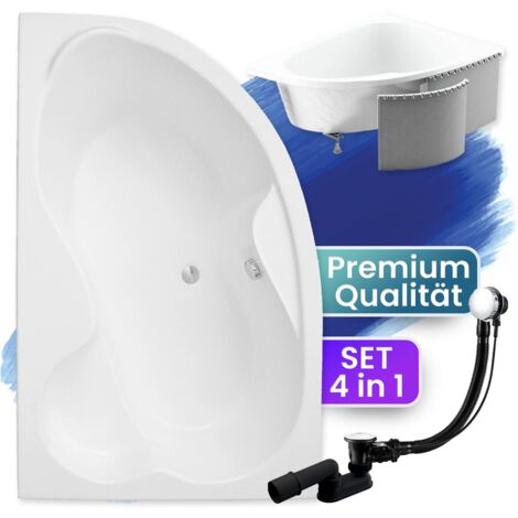 Badewanne Eckbadewanne 160x105 Links mit Styroporverkleidung, Ablauf & Füße GRATIS - Komplettset 4in1 Original Acryl Wanne Siphon - BADLAND MEGA