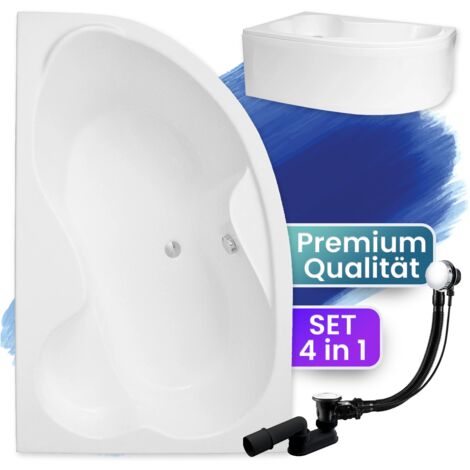 Badewanne Eckbadewanne 160x105 Links mit AcrylSchürze, Ablaufgarnitur & Füßen GRATIS - Komplettset 4in1 Original Acryl Wanne Siphon - BADLAND MEGA