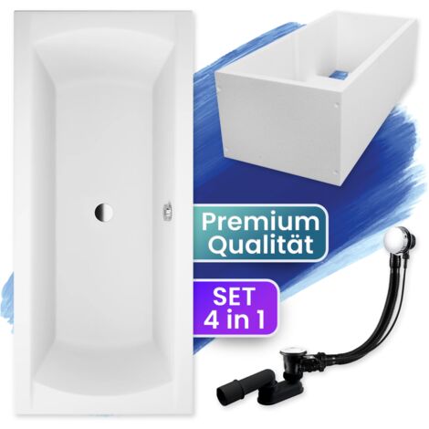 Badewanne Rechteck 160x75 mit Wannenträger, Ablaufgarnitur & Füßen GRATIS - Komplettset 4in1 Original Acryl Wanne Siphon - BADLAND INES