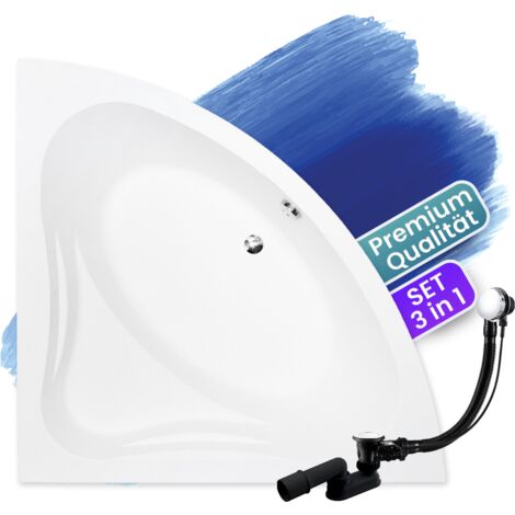 Badewanne Eckbadewanne 120x120, Ablaufgarnitur & Füßen GRATIS - Komplettset 3in1 Original Acryl Wanne Premium Siphon - Made in EU - BADLAND MIA