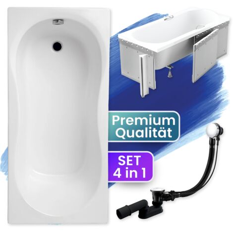 Badewanne Rechteck 170x75 mit Styroporverkleidung, Ablaufgarnitur & Füßen GRATIS - Komplettset 4in1 Original Acryl Wanne Siphon - BADLAND GRACJA
