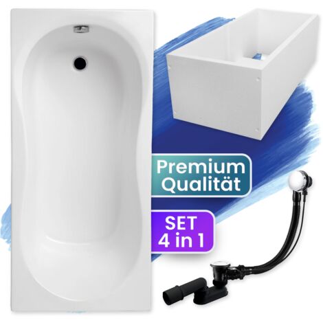 Badewanne Rechteck 170x75 mit Wannenträger, Ablaufgarnitur & Füßen GRATIS - Komplettset 4in1 Original Acryl Wanne Siphon - BADLAND GRACJA