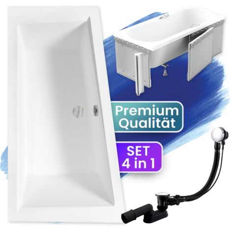 Badewanne Eckbadewanne 180x125 Links mit Styroporverkleidung, Ablauf & Füße GRATIS - Komplettset 4in1 Original Acryl Wanne Siphon - BADLAND INTIMA