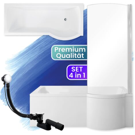 Badewanne Rechteck 160x70 Rechts + Glasabtrennung, Ablaufgarnitur & Füßen GRATIS - Komplettset 4in1 Original Acryl Wanne Siphon - BADLAND INSPIRO