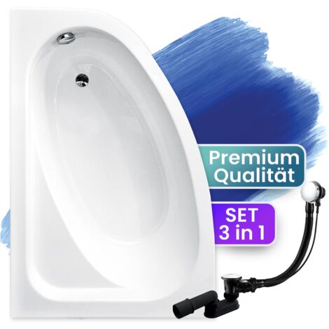 Badewanne Eckbadewanne 150x100 Links, Ablaufgarnitur & Füßen GRATIS - Komplettset 3in1 Original Acryl Wanne Premium Siphon - BADLAND CORNEA