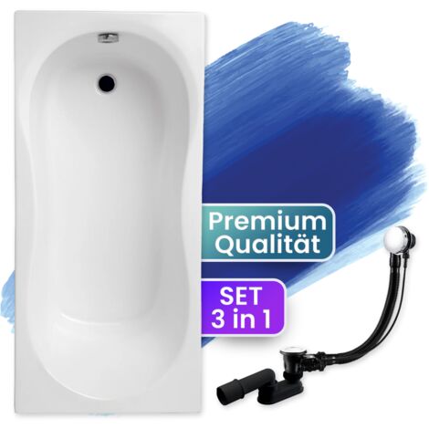 Badewanne Rechteck 170x75, Ablaufgarnitur & Füßen GRATIS - Komplettset 3in1 Original Acryl Wanne Premium Siphon - Made in EU - BADLAND GRACJA