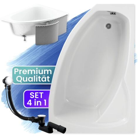 Badewanne Eckbadewanne 140x90 Rechts mit Styroporverkleidung, Ablauf & Füße GRATIS - Komplettset 4in1 Original Acryl Wanne Siphon - BADLAND FRIDA
