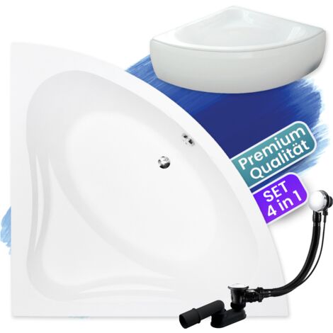 Badewanne Eckbadewanne 120x120 mit AcrylSchürze, Ablaufgarnitur & Füßen GRATIS - Komplettset 4in1 Original Acryl Wanne Siphon - BADLAND MIA