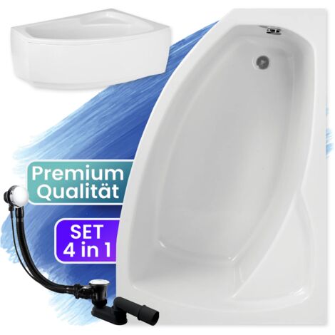 Badewanne Eckbadewanne 150x100 Rechts mit AcrylSchürze, Ablaufgarnitur & Füßen GRATIS - Komplettset 4in1 Original Acryl Wanne Siphon - BADLAND FRIDA