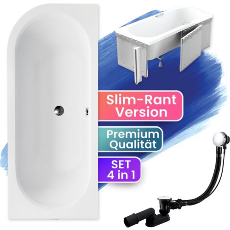 Badewanne Eckbadewanne 170x75 Rechts mit Styroporverkleidung, Ablauf & Füße GRATIS - Komplettset 4in1 Original Acryl Wanne Siphon - BADLAND AVITA SLIM