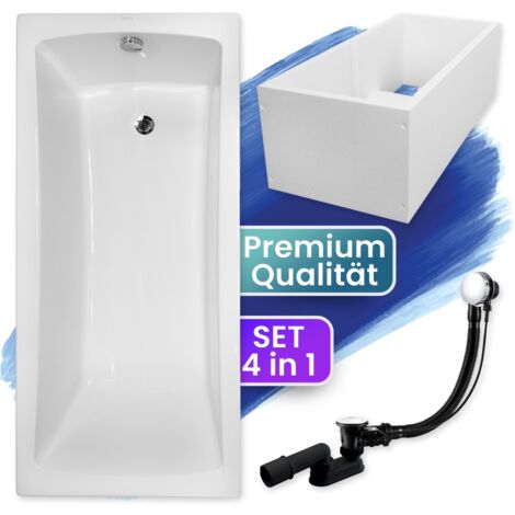 Badewanne Rechteck 170x70  mit Wannenträger, Ablaufgarnitur & Füßen GRATIS - Komplettset 4in1 Original Acryl Wanne Siphon - BADLAND OPTIMA