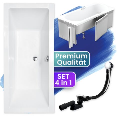 Badewanne Rechteck 165x75 mit Styroporverkleidung, Ablaufgarnitur & Füßen GRATIS - Komplettset 4in1 Original Acryl Wanne Siphon - BADLAND QUADRO