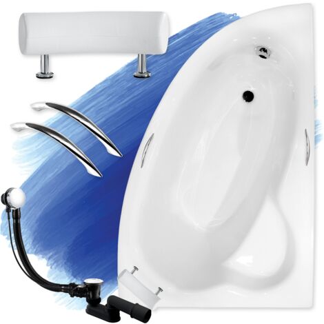 Badewanne Eckbadewanne 150x100 Rechts + Handgriffen + Kopfstütze, Ablauf & Füße GRATIS - Komplettset 5in1 Acryl Wanne - BADLAND NATALIA PREMIUM