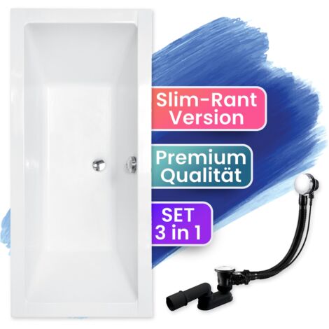 Badewanne Rechteck 165x75, Ablaufgarnitur & Füßen GRATIS - Komplettset 3in1 Original Acryl Wanne Premium Siphon - Made in EU - BADLAND QUADRO SLIM