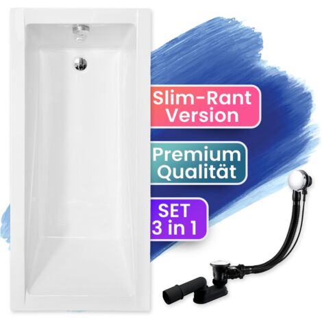 Badewanne Rechteck 150x70, Ablaufgarnitur & Füßen GRATIS - Komplettset 3in1 Original Acryl Wanne Premium Siphon - Made in EU - BADLAND MODERN SLIM