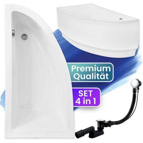 Badewanne Eckbadewanne 140x70 Links mit AcrylSchürze, Ablaufgarnitur & Füßen GRATIS - Komplettset 4in1 Original Acryl Wanne Siphon - BADLAND PRAKTIKA