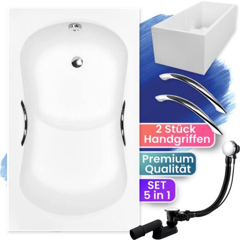 Badewanne Rechteck 120x70 mit Wannenträger + Handgriffen, Ablauf & Füße GRATIS - Komplettset 5in1 Original Acryl Wanne - BADLAND ARIA REHAB