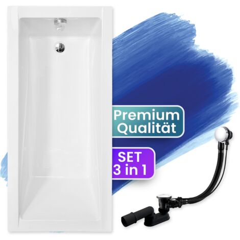 Badewanne Rechteck 160x70, Ablaufgarnitur & Füßen GRATIS - Komplettset 3in1 Original Acryl Wanne Premium Siphon - Made in EU - BADLAND MODERN