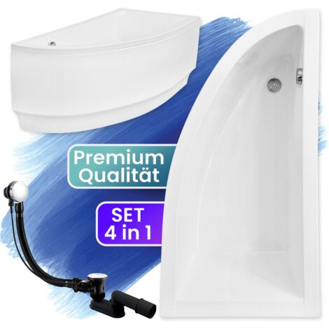 Badewanne Eckbadewanne 140x70 Rechts mit AcrylSchürze, Ablaufgarnitur & Füßen GRATIS - Komplettset 4in1 Original Acryl Wanne Siphon - BADLAND PRAKTIKA