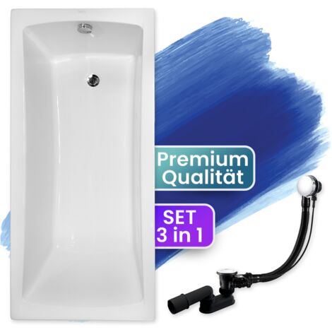 Badewanne Rechteck 150x70, Ablaufgarnitur & Füßen GRATIS - Komplettset 3in1 Original Acryl Wanne Premium Siphon - Made in EU - BADLAND OPTIMA