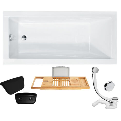 Badewanne Rechteck 160x70 + Kopfstütze + Bambus Ablage, Ablauf & Füße GRATIS - Komplettset 5in1 Original Acryl Wanne - BADLAND MODERN