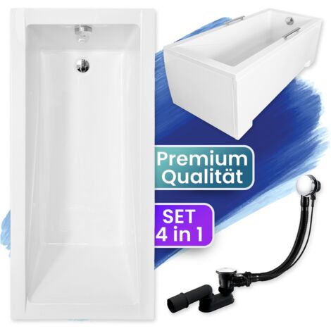 Badewanne Rechteck 180x80 mit AcrylSchürze, Ablaufgarnitur & Füßen GRATIS - Komplettset 4in1 Original Acryl Wanne Siphon - BADLAND MODERN