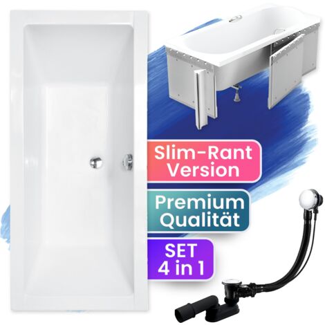 Badewanne Rechteck 175x80 mit Styroporverkleidung, Ablaufgarnitur & Füßen GRATIS - Komplettset 4in1 Original Acryl Wanne Siphon - BADLAND QUADRO SLIM