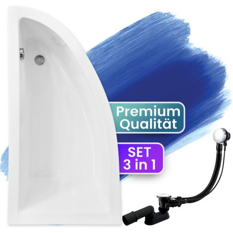 Badewanne Eckbadewanne 150x70 Links, Ablaufgarnitur & Füßen GRATIS - Komplettset 3in1 Original Acryl Wanne Premium Siphon - BADLAND PRAKTIKA