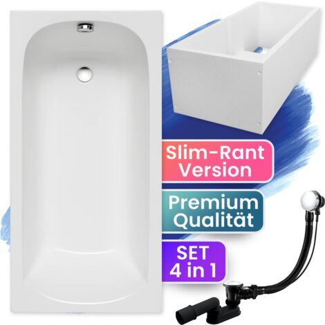 Badewanne Rechteck 130x70 mit Wannenträger, Ablaufgarnitur & Füßen GRATIS - Komplettset 4in1 Original Acryl Wanne Siphon - BADLAND CLASSIC SLIM