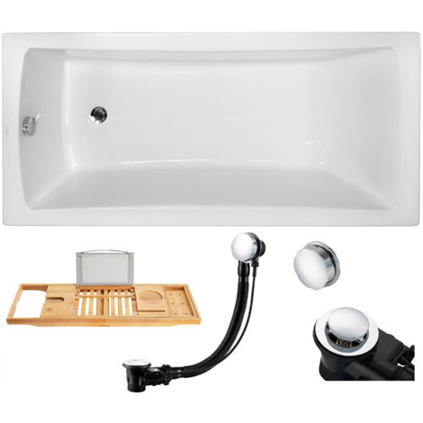 Badewanne Rechteck 170x70 + Bambus Ablage, Ablaufgarnitur & Füßen GRATIS - Komplettset 4in1 Original Acryl Wanne Siphon - BADLAND OPTIMA