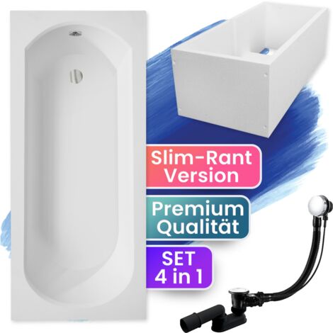Badewanne Rechteck 150x75 mit Wannenträger, Ablaufgarnitur & Füßen GRATIS - Komplettset 4in1 Original Acryl Wanne Siphon - BADLAND INTRICA SLIM