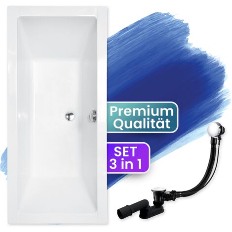 Badewanne Rechteck 165x75, Ablaufgarnitur & Füßen GRATIS - Komplettset 3in1 Original Acryl Wanne Premium Siphon - Made in EU - BADLAND QUADRO