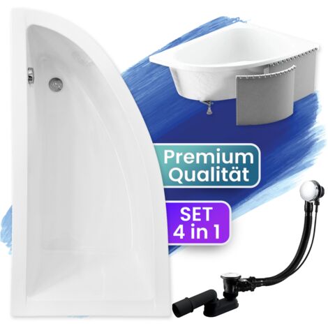 Badewanne Eckbadewanne 140x70 Links mit Styroporverkleidung, Ablauf & Füße GRATIS - Komplettset 4in1 Original Acryl Wanne Siphon - BADLAND PRAKTIKA