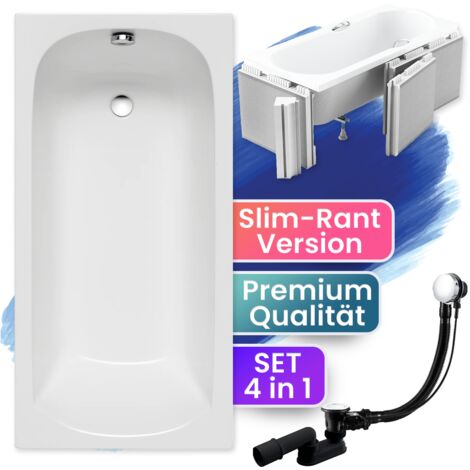 Badewanne Rechteck 170x70  mit Styroporverkleidung (Ablage 4cm), Ablauf & Füße GRATIS - Komplettset 4in1 Original Acryl Wanne - BADLAND CLASSIC SLIM