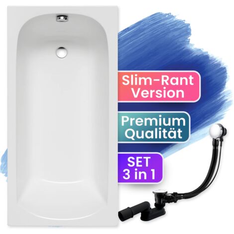 Badewanne Rechteck 150x70, Ablaufgarnitur & Füßen GRATIS - Komplettset 3in1 Original Acryl Wanne Premium Siphon - Made in EU - BADLAND CLASSIC SLIM