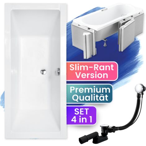 Badewanne Rechteck 155x70 mit Styroporverkleidung (Ablage 4cm), Ablauf & Füße GRATIS - Komplettset 4in1 Original Acryl Wanne - BADLAND QUADRO SLIM