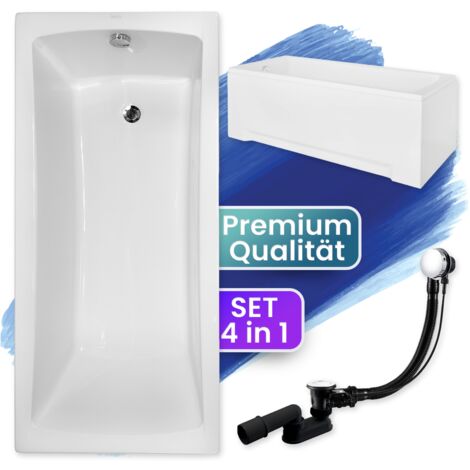 Badewanne Rechteck 170x70 mit AcrylSchürze, Ablaufgarnitur & Füßen GRATIS - Komplettset 4in1 Original Acryl Wanne Siphon - BADLAND OPTIMA