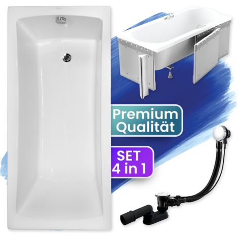 Badewanne Rechteck 150x70 mit Styroporverkleidung, Ablaufgarnitur & Füßen GRATIS - Komplettset 4in1 Original Acryl Wanne Siphon - BADLAND OPTIMA