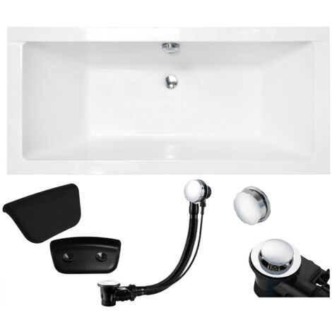 Badewanne Rechteck 165x75 + Kopfstütze + Bambus Ablage, Ablauf & Füße GRATIS - Komplettset 5in1 Original Acryl Wanne - BADLAND QUADRO
