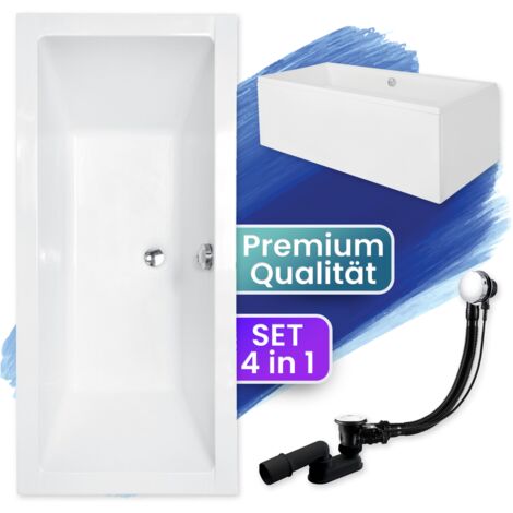 Badewanne Rechteck 190x90 mit AcrylSchürze, Ablaufgarnitur & Füßen GRATIS - Komplettset 4in1 Original Acryl Wanne Siphon - BADLAND QUADRO