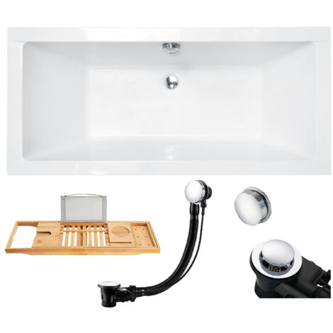 Badewanne Rechteck 190x90 + Kopfstütze + Bambus Ablage, Ablauf & Füße GRATIS - Komplettset 5in1 Original Acryl Wanne - BADLAND QUADRO