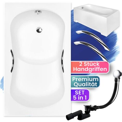 Badewanne Rechteck 120x70 mit AcrylSchürze + Handgriffen, Ablauf & Füße GRATIS - Komplettset 5in1 Original Acryl Wanne - BADLAND ARIA REHAB