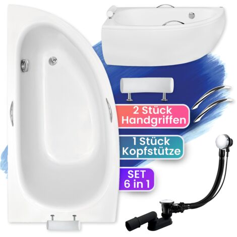 Badewanne Eckbadewanne 150x70 Links mit AcrylSchürze + Handgriffen + Kopfstütze, Ablauf & Füße GRATIS, SET 6in1 - BADLAND MILENA PREMIUM