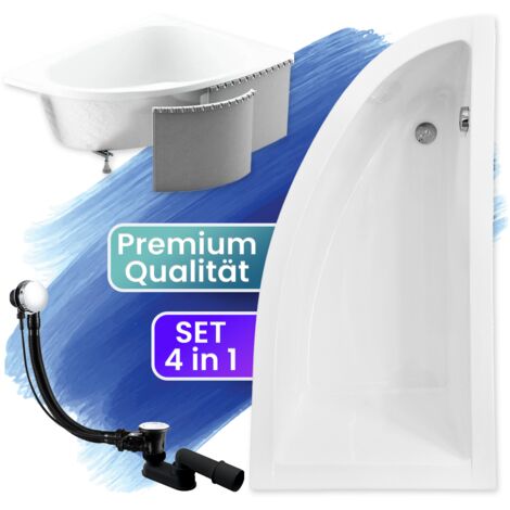 Badewanne Eckbadewanne 140x70 Rechts mit Styroporverkleidung, Ablauf & Füße GRATIS - Komplettset 4in1 Original Acryl Wanne Siphon - BADLAND PRAKTIKA