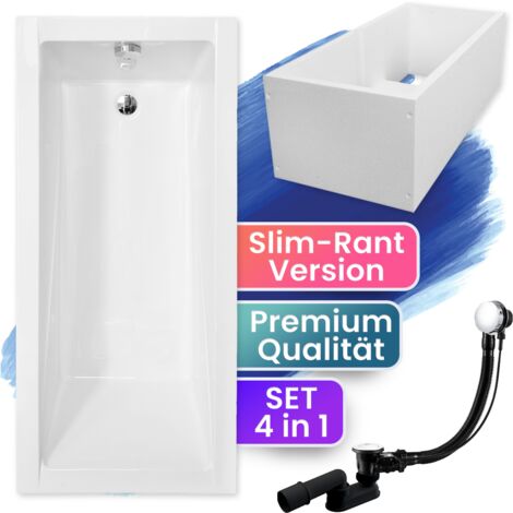 Badewanne Rechteck 180x80 mit Wannenträger, Ablaufgarnitur & Füßen GRATIS - Komplettset 4in1 Original Acryl Wanne Siphon - BADLAND MODERN SLIM