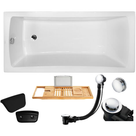 Badewanne Rechteck 170x70 + Kopfstütze + Bambus Ablage, Ablauf & Füße GRATIS - Komplettset 5in1 Original Acryl Wanne - BADLAND OPTIMA
