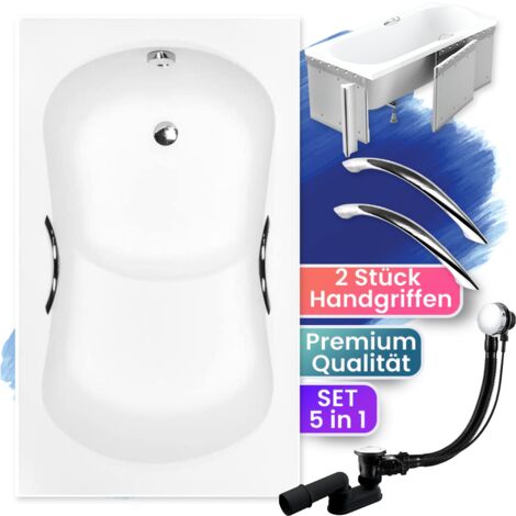 Badewanne Rechteck 120x70 mit Styroporverkleidung + Handgriffen, Ablauf & Füße GRATIS - Komplettset 5in1 Original Acryl Wanne - BADLAND ARIA REHAB